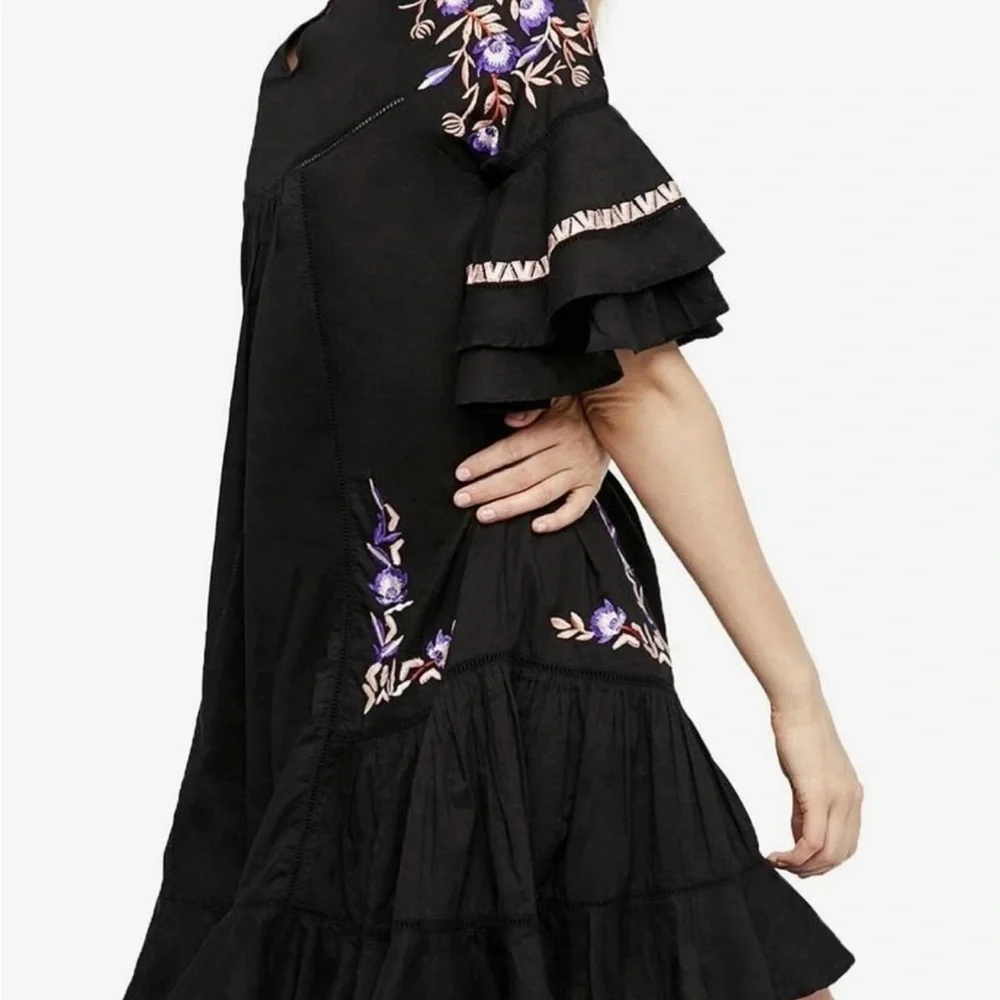Free People Pavlo Baby Doll Embroidered Black Dress